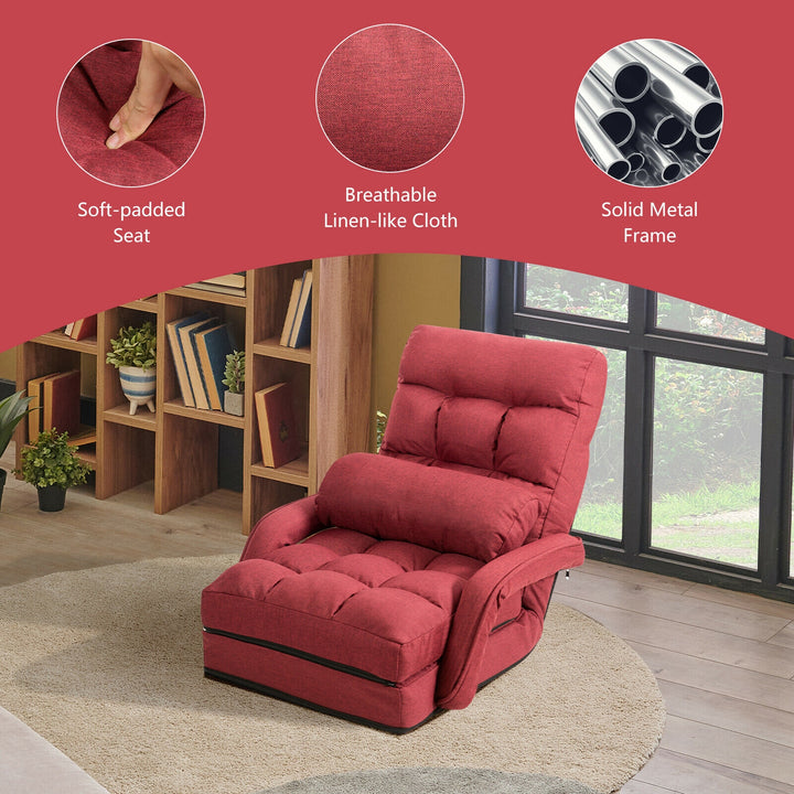 Folding Lazy Floor Chair Sofa with Armrests and Pillow-Red