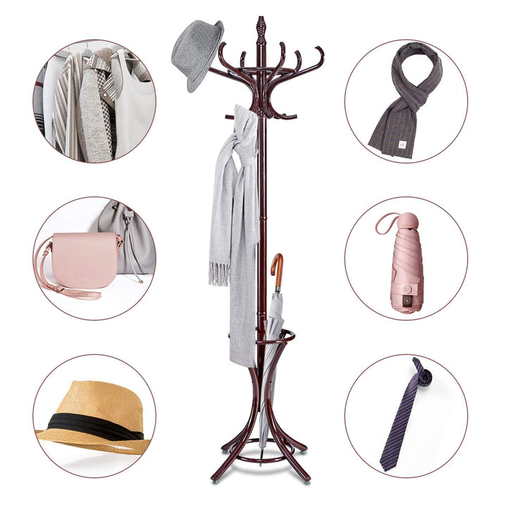 Wood Standing Hat Coat Rack w/ Umbrella Stand-Brown