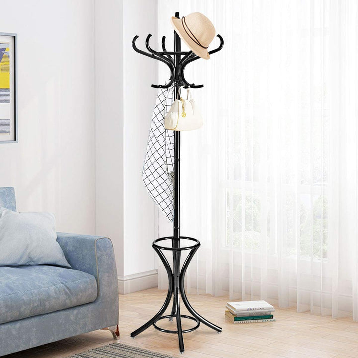 Wooden Standing Coat Rack Tree with 12 Hooks and Umbrella Stand