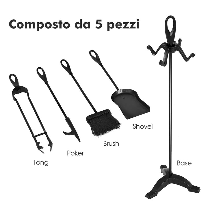 5 Pieces Rustic Heavy Duty Compact Wrought Iron Fireplace Tools Set